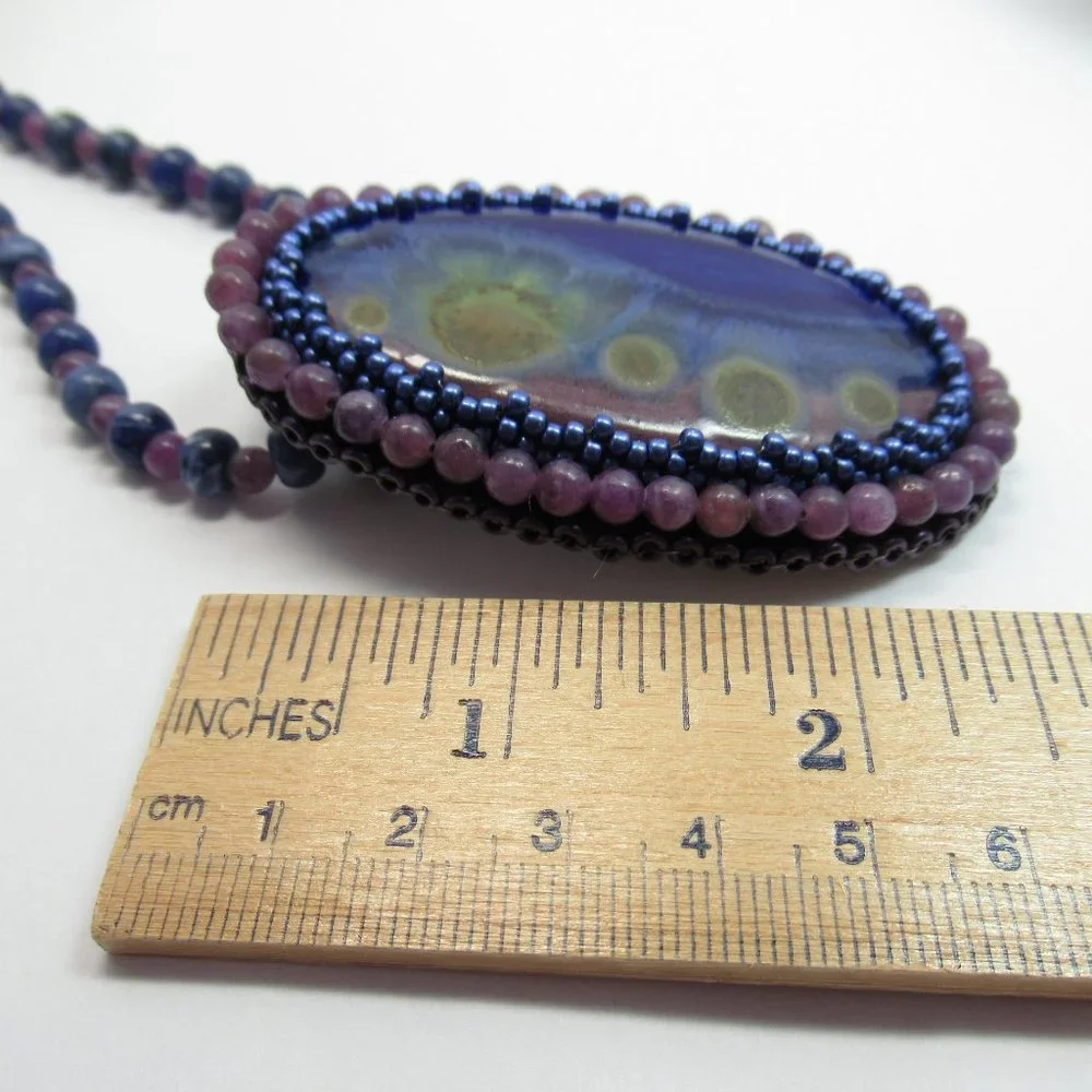 Artisan Bead embroidered cabochon on Sodalite and Lepidolite necklace
